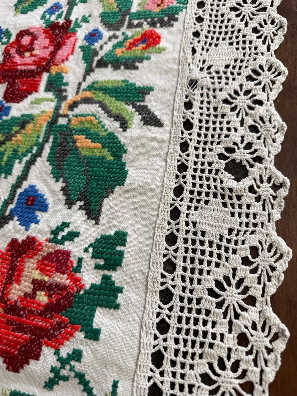 Handmade Floral Cross-Stitch Table Runner with Crochet Edging - White/Multicolor